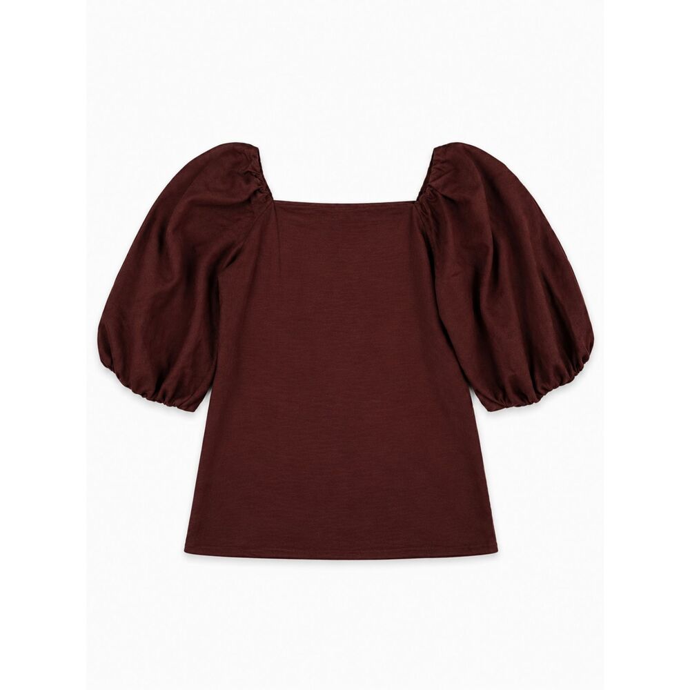 Nordstrom Puff Sleeve Square Neck Crop Top Sz Small Viscose Linen Blend
